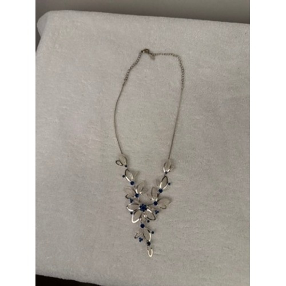Silver Tone Blue Rhinestone Floral‎ Bib Necklace Leaf Statement Jewelry 0444